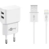Pro Apple Lightning Dual Ladeset 2,4 A, Netzteil mit 2x USB-Buchse und Apple Lightning-Kabel 1m (Weiß)