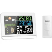 Miraval Funk-Wetterstation mit Farbdisplay Außensensor Schimmelwarner Hygrometer Barometer Datumsanzeige Mondphase Schwarz Frostalarm Wecker