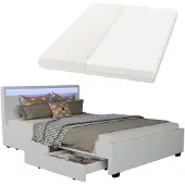 Juskys Polsterbett Lyon 140 x 200 cm mit Bettkasten, LED Beleuchtung, Lattenrost & Matratze - Kunstleder & Holz – Bett Bettgestell Jugendbett weiß