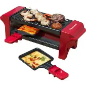 Bestron Raclette für 1 bis 2 Personen, Mini Tischgrill mit zwei Pfännchen und zwei Holzschabern, 350 Watt, Farbe: Rot