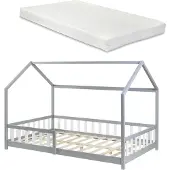 En.casa Hausbett ‘Hesel’ für Kinder mit Matratze Rausfallschutz Lattenrost 140 x 200 cm Grau
