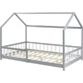 En.casa Hausbett ‘Hesel’ für Kinder mit Rausfallschutz Lattenrost 140 x 200 cm Grau