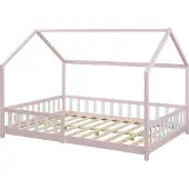 En.casa Hausbett ‘Hesel’ für Kinder mit Rausfallschutz Lattenrost 140 x 200 cm Rosa