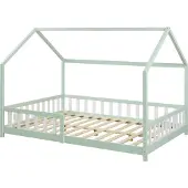 En.casa Hausbett ‘Hesel’ für Kinder mit Rausfallschutz Lattenrost 120 x 200 cm Mintgrün