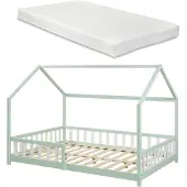 En.casa Hausbett ‘Hesel’ für Kinder mit Matratze Rausfallschutz Lattenrost 120 x 200 cm Mintgrün