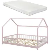 En.casa Hausbett ‘Hesel’ für Kinder mit Matratze Rausfallschutz Lattenrost 120 x 200 cm Rosa