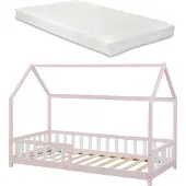 En.casa Hausbett ‘Hesel’ für Kinder mit Matratze Rausfallschutz Lattenrost 90 x 200 cm Rosa
