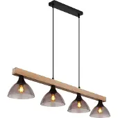 Globo Lighting Hängeleuchte Metall schwarz matt, Holz naturfarben, Glas rauchfarben, Kabel PVC schwarz, Höhenverstellbar, LxBxH: 960x170x1500mm, exkl. 4x E14 15W 230V