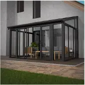 Juskys Wintergarten 12 m² - mit kristallklaren Wänden, Doppel-Schiebetüren & UV-Schutz – wasserdicht & winterfeste Überdachung aus Aluminium - Grau