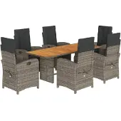 vidaXL 7-tlg. Garten-Essgruppe mit Kissen Grau Poly Rattan