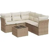 vidaXL 6-tlg. Garten-Sofagarnitur mit Kissen Beige Poly Rattan