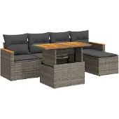 vidaXL 6-tlg. Garten-Sofagarnitur mit Kissen Grau Poly Rattan Akazie
