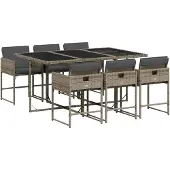 vidaXL 7-tlg. Garten-Essgruppe mit Kissen Grau Poly Rattan