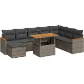 vidaXL 9-tlg. Garten-Sofagarnitur mit Kissen Grau Poly Rattan Akazie