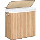 Songmics Wäschekorb mit Deckel Bambus - 3 Fächer - Faltbar - 60 x 40 x 61,5cm - 150L Holz