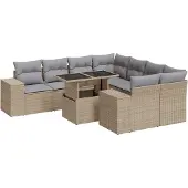 vidaXL 9-tlg. Garten-Sofagarnitur mit Kissen Beige Poly Rattan
