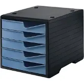 Styro Schubladenbox styroswing, 5 Schübe, Auszugsperre & Griffmulde, stapelbar, B 270 x T 340 x H 255 mm, Polystyrol, schwarz-taubenblau