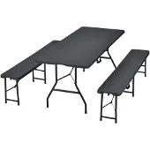 Juskys Bierzeltgarnitur Amberg 3-teilig & klappbar – 180 x 74 x 74 cm – 2 Bierbänke & 1 Biertisch in Rattan-Optik Gartenmöbel-Set Festzeltgarnitur