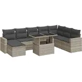 vidaXL 9-tlg. Garten-Sofagarnitur mit Kissen Hellgrau Poly Rattan