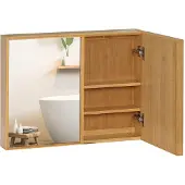 Aosom SPIEGELSCHRANK mit 3 Innenböden, Doppeltür, Bambus, Natur, 65,2 x 14 x 50 cm