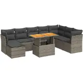 vidaXL 9-tlg. Garten-Sofagarnitur mit Kissen Grau Poly Rattan