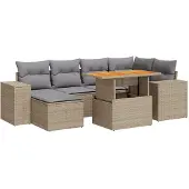 vidaXL 7-tlg. Garten-Sofagarnitur mit Kissen Beige Poly Rattan