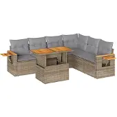 vidaXL 7-tlg. Garten-Sofagarnitur mit Kissen Beige Poly Rattan Akazie