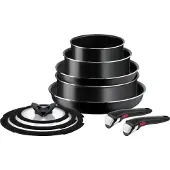 Tefal Ingenio EASY COOK & CLEAN Set 10tlg. (Pfannen 24/28cm + Kasserollen 16/20cm + Schmorpfanne 24cm + Glas-Deckel 16/20/24cm + 2 Griffe), Schwarz, Aluminium, Titan, Schwarz, Glas, Thermo-Punkt
