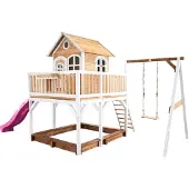 Axi Spielhaus Liam mit Sandkasten, Schaukel & lila Rutsche | Stelzenhaus XXL in Braun & Weiß aus FSC Holz für Kinder | Spielturm mit Wellenrutsche für den Garten