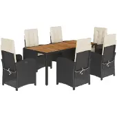 vidaXL 7-tlg. Garten-Essgruppe mit Kissen Schwarz Poly Rattan