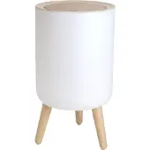 Intirilife Kosmetikeimer hoher Mülleimer in Weiß mit beiger Abdeckung und Bambus-Optik - 22.2 x 36.4 cm - Tischeimer mit Druckknopföffnung für Bad Büro Küche Abfalleimer mit Kratzschutz
