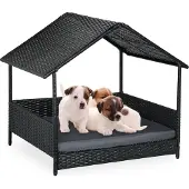 Relaxdays Hundeliege mit Dach, HxBxT: 81 x 90 x 68 cm, Polyrattan, erhöhtes Hundebett mit Kissen, outdoor, anthrazit