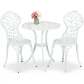Relaxdays Gartenmöbel Set, 3-teilig, Tisch & 2 Stühle, Aluguss, Balkonmöbel mit Blättermuster, Garten Sitzgruppe, weiß