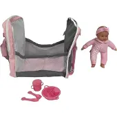 Anek Puppe mit Rucksack und Kinderbett