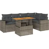 vidaXL 6-tlg. Garten-Sofagarnitur mit Kissen Grau Poly Rattan Akazie