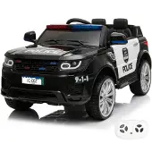 Vrooomy Land Rover Polizei Kinder Elektroauto 12V (1–6 Jahre) – Mit Fernbedienung, Sirene, LED & EVA-Reifen – Kinder Elektrofahrzeug Polizeiauto mit 2 Motoren – Schwarz