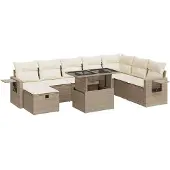 vidaXL 9-tlg. Garten-Sofagarnitur mit Kissen Beige Poly Rattan