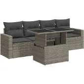 vidaXL 5-tlg. Garten-Sofagarnitur mit Kissen Grau Poly Rattan