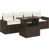 vidaXL 5-tlg. Garten-Sofagarnitur mit Kissen Braun Poly Rattan
