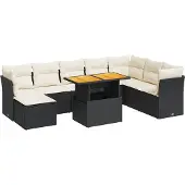 vidaXL 9-Tlg Garten-Sofagarnitur mit Kissen Schwarz Poly Rattan 3326961