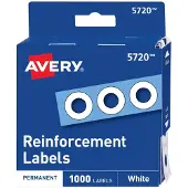 Avery Selbstklebende Polyvinyl Lochverstärkungen, Weiß, 1.000 pro Packung (5720)