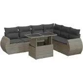 vidaXL 7-tlg. Garten-Sofagarnitur mit Kissen Grau Poly Rattan