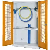 C+P Modul-Sportgeräteschrank "Grundausstattung" mit Lochblech-Flügeltüren, HxBxT 195x120x50 cm, Ergo-Lock Muldengriff, Goldgelb (RAL 1004), Lichtgrau (RAL 7035), Einzelschließung