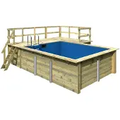 Karibu Aufstellpool Holzpool-Set Grösse 2 rechteckig 582x483x124 cm inkl. Bodenschutzvlies, Innenauskleidung mit Keilbiese & Leiter mit Plattform