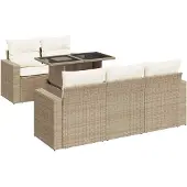 vidaXL 6-tlg. Garten-Sofagarnitur mit Kissen Beige Poly Rattan