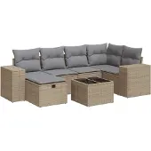 vidaXL 7-tlg. Garten-Sofagarnitur mit Kissen Beige Poly Rattan