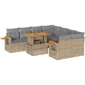 vidaXL 9-tlg. Garten-Sofagarnitur mit Kissen Beige Poly Rattan Akazie
