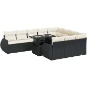 vidaXL 11-tlg. Garten-Sofagarnitur mit Kissen Schwarz Poly Rattan