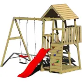 Wendi Toys , Kinderspielhaus, Kletterturm "Salamander" mit Rutsche, Kletterwand und 2 Schaukeln, holz / rot