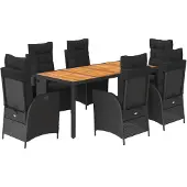 vidaXL 7-tlg. Garten-Essgruppe mit Kissen Schwarz Poly Rattan